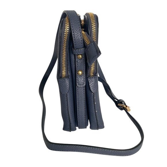 Navy Blue Pleather Crossbody Purse Multi Section Adj Strap Gold Tone Zippers - Picture 4 of 14